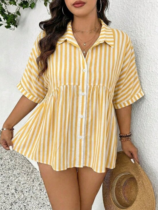 Tops - Yellow Chic Women's Striped Print Button Down Short Sleeve Top